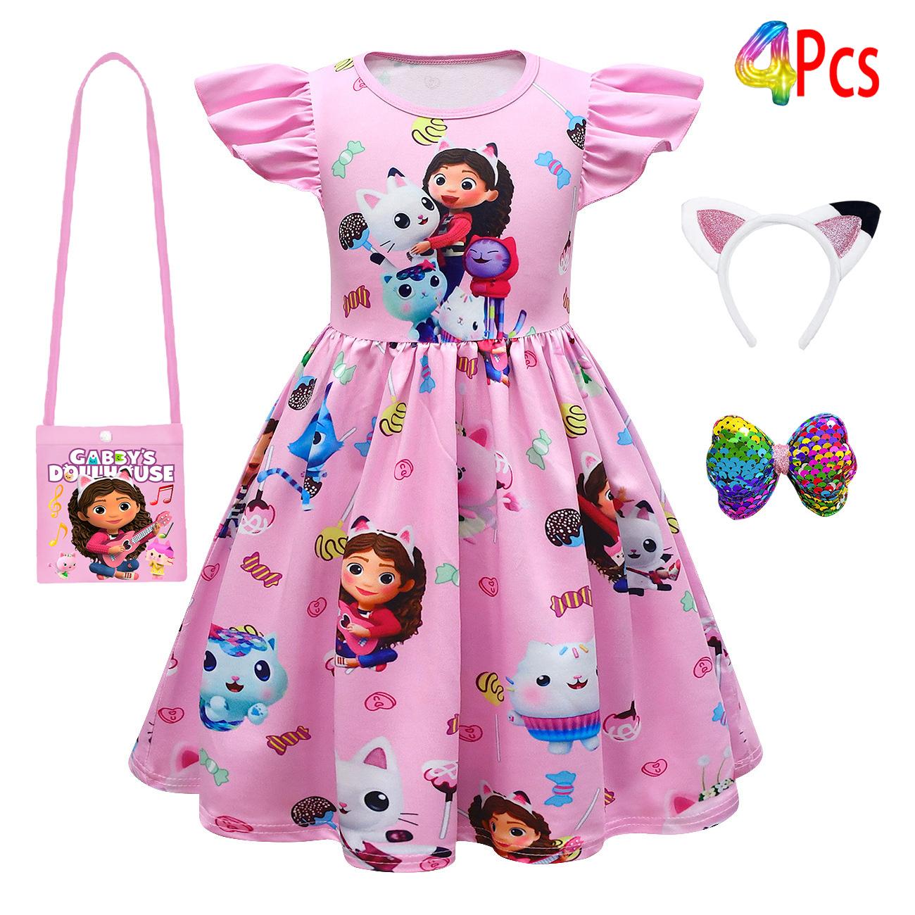 Mädchen Kleid Kurzarm Gabby's Puppenhaus Prinzessin Gabby Katze Netz Tüllrock Kindergeburtstag Cosplay Kleid Kostüm 110(3-4Years) pink