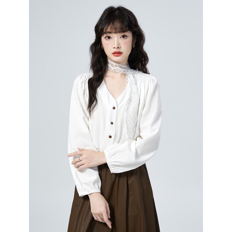Lace Ribbon French V-Neck Long-Sleeve Women s Dolman Top, Spring 2026 Collection Small белый