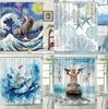 Funny Cat Shower Curtains Sea Waves Sharks Birds Fun Animals Ocean Landscape Fabric Bathroom Decor Children Bath Curtain Sets