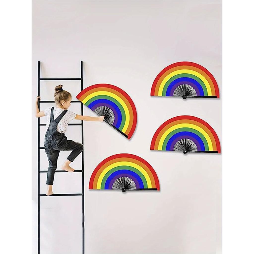 1 Rainbow Handheld Fan Plastic Dance Folding Fan Dance Performance Folding Fan Cosplay Wedding Party Props Decorative Fan