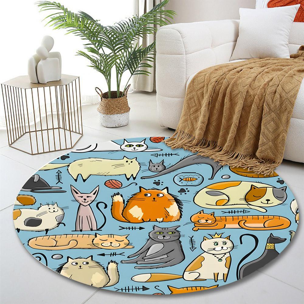 Colorful Cats Pattern On Blue Background Print Round Rug, Living Room, Bedroom, Playroom Carpet, Non Slip Floor Mat, Gift