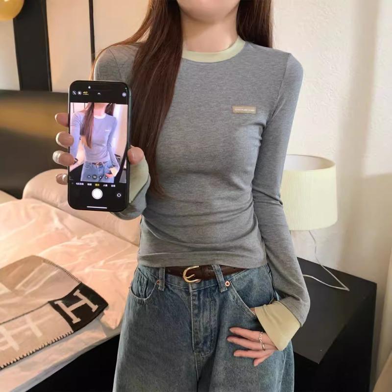 Slim-fit fake two-piece contrasting color splicing long-sleeved shirt women's top spring new bottoming shirt trendy inside