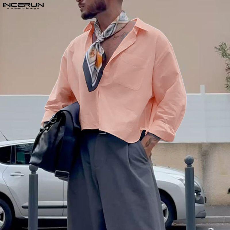 INCERUN Oversized Men Lapel Neck Buttons Up Casual Long Sleeve Crop Shirts