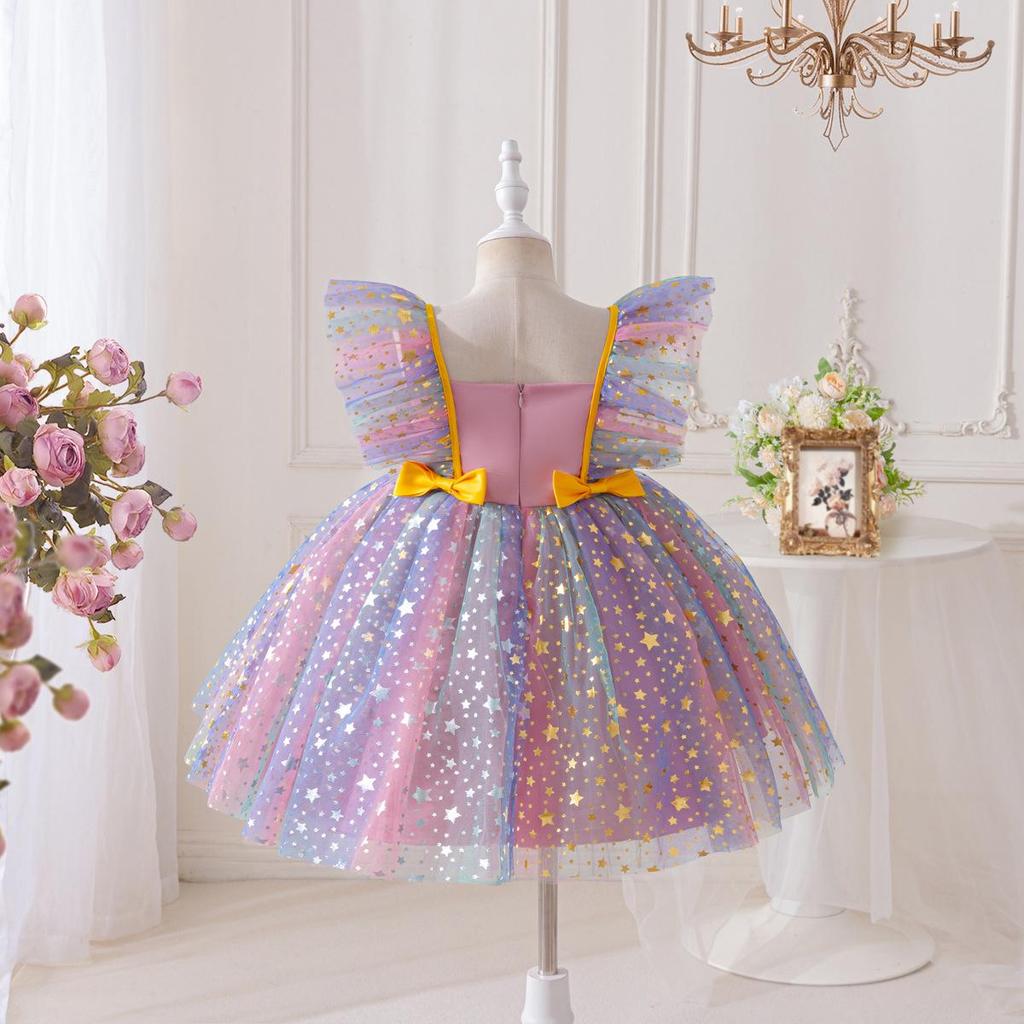 Children's Princess Dress Set with Seven-Color Wing Sleeves, Starry Mesh, and Fluffy Ball Gown