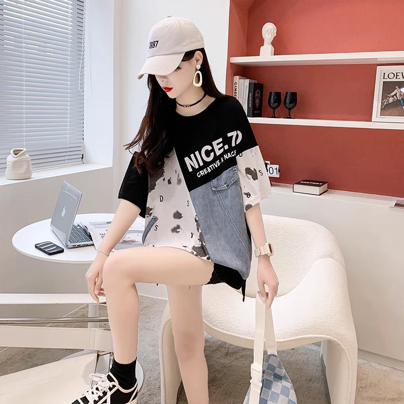 Women's Mid-Length 2025 Denim Patchwork Cotton T-Shirt - Plus Size, Short Sleeve, Round Neck for Summer