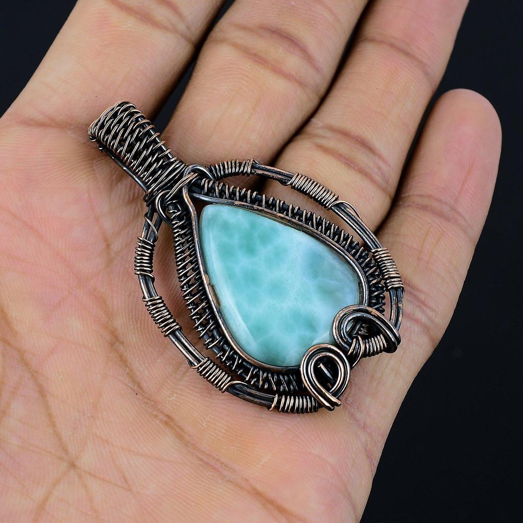 Republic Larimar Pendant, 999 Copper Wire Wrapped Jewelry, Gemstone Jewelry Pendant, Handmade Wedding Gift Jewelry