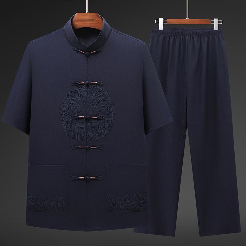 Men's Chinese Style Ice Silk Tang Suit: Two-Piece Summer Set with Short Sleeves and Long Pants for Middle-Aged and Elderly