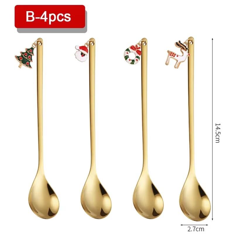 4PCS Christmas Stainless Steel Spoon Christmas Coffee Spoons Set Gold Home Restaurant Dessert Cutlery Set