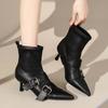 Pointed Toe Metal Buckle Strap Short Boots for Female Women Thin High Heel 2025 New  Fabric Elegant Sexy Winter Shoes