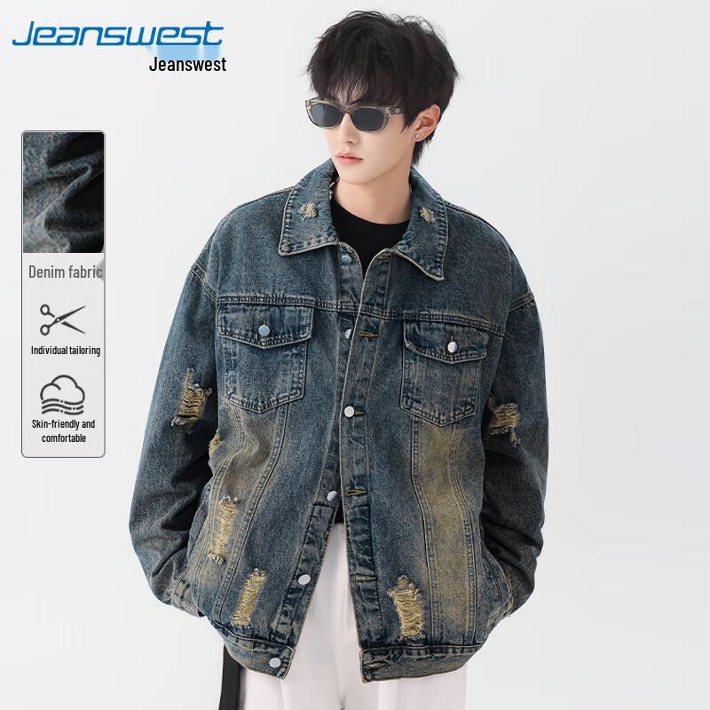 

JEANSWEST Men s Retro Lapel Denim Workwear Jacket L
