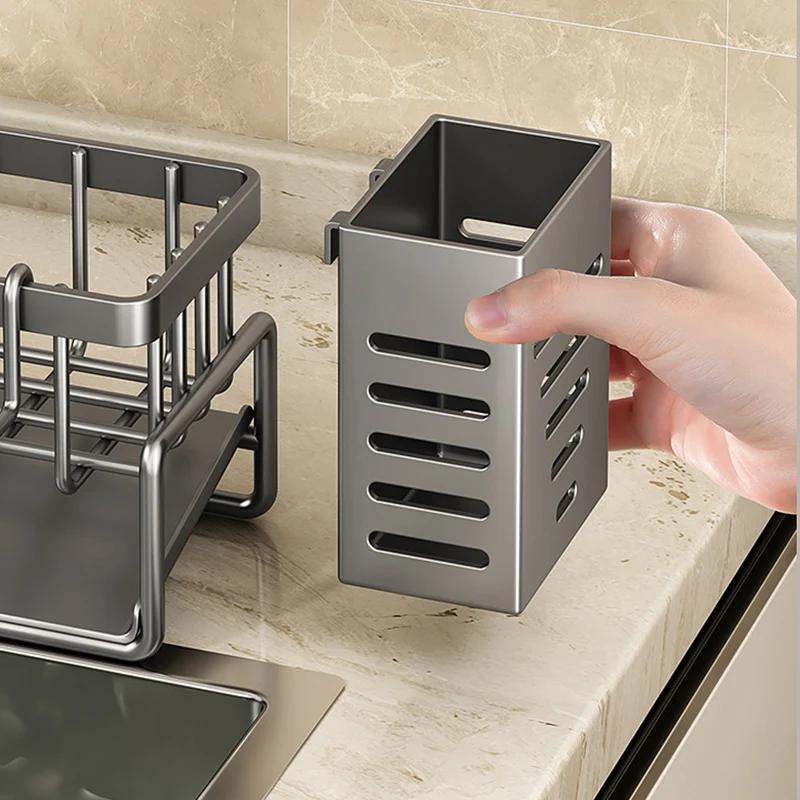 Stainless Steel Kitchen Sink Storage Rack Space Saving Built-in Sponge Rack And Drainage Basket For Kitchen Cleaning And Storage