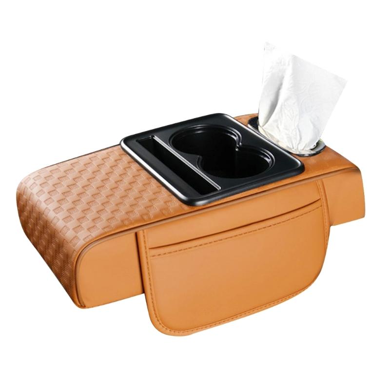 Car Armrest Box Thicken Heighten Pad with Pocket Tissue Cup Holder Vehicle Armrest Cushion Leather Height Increasing Pad