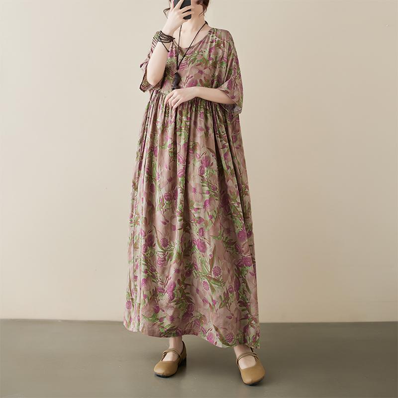 DIMANAF 2024 Plus Size Summer New Long Dress Beach Women O-Neck Floral Print Holiday Fashion Casual Loose Lady Dresses 675