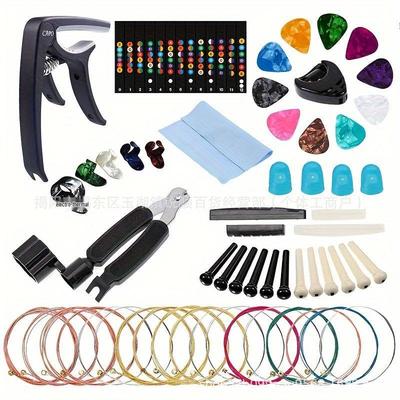 Set Regalo Accessori Universali per Chitarra: Capo, Ditali, Corde, Piroli del Ponte, Porta-plettri, Chitarra in Legno