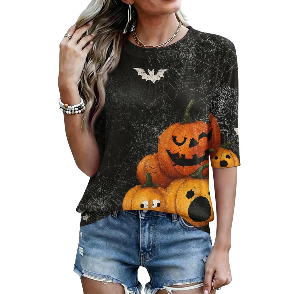 Women's Casual Loose Fit Half Sleeve Top Round Neck Lightweight Comfortable Halloween Pumpkin Print Shirt for Everyday Wear