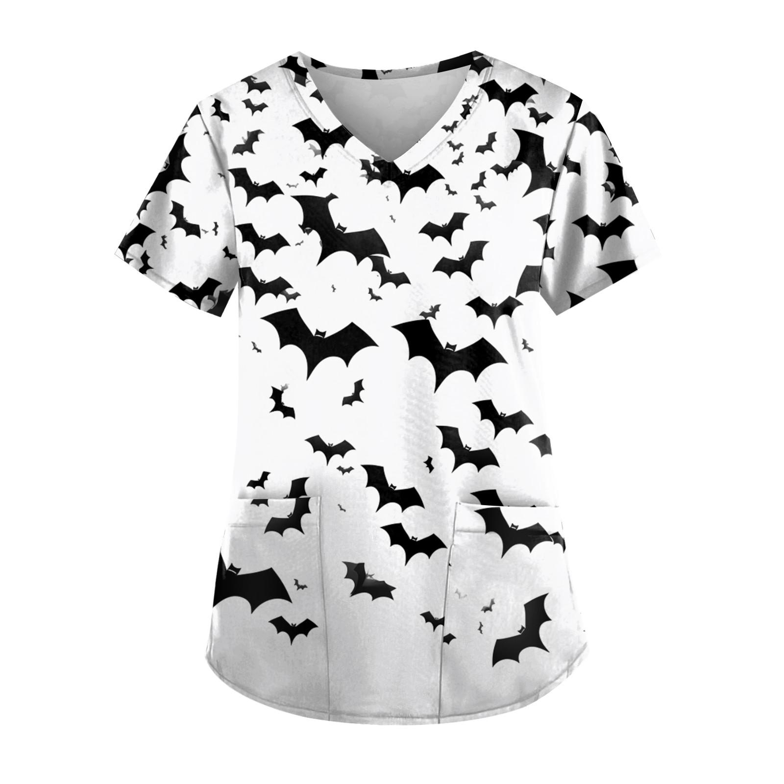 

Плюс размер Хэллоуин печатная рабочая форма Топы для женщин футболки с v-образным вырезом и короткими рукавами рабочая одежда футболка с карманами S белый