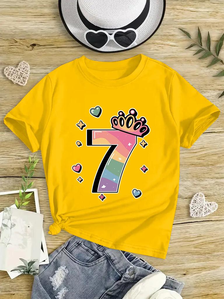 Settimo Compleanno Numero Sette Arcobaleno Con Corona Cuori Stelle Stampa Grafica Maglietta Manica Corta Bambini Tema Compleanno Girocollo Casual A