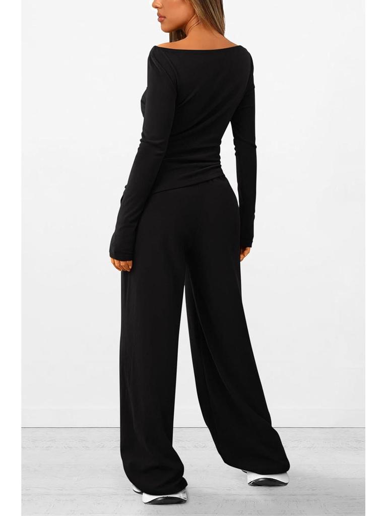 Asymmetrisches Langarm-T-Shirt & Weitbein-Hosen-Set - Herbstkollektion 2025