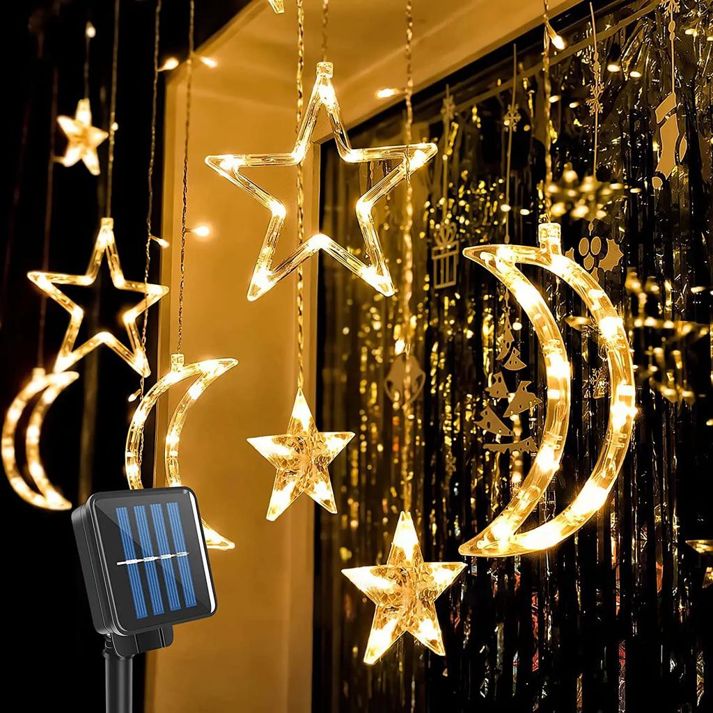 Moon Star Lamp LED Solar Fairy Curtain Light Outdoor 8-Mode Waterproof Remote Control for Porch Window Backyard Tent Decor