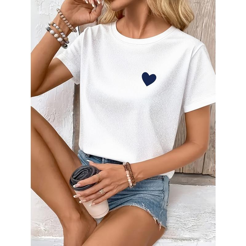Europeiska storlekar 2025 Ny Sommar/Vår Dam Lös Sexig Söt Söt Semester Topp - Gul Hjärtprint Mode Casual Rund Hals Kortärmad T-shirt