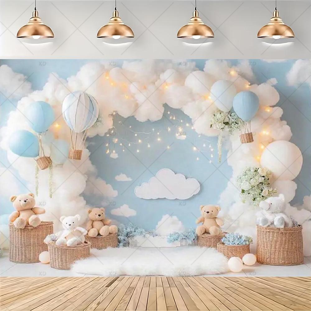 Teddy Bear Hot Air Balloon Backdrop Banner Newborn 1st Birthday Party Decoration Background Baby Shower Photography Studio Props