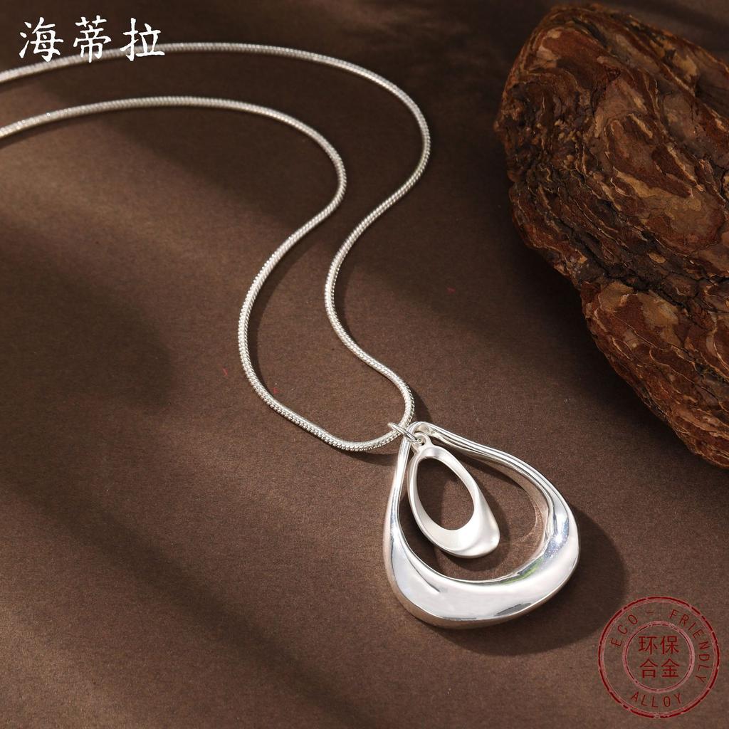 New Hollow Double-layer Water Drop Small Pendant, Women's Simple Dumb Silver, Bright Silver Water Drop Versatile Neck Necklace