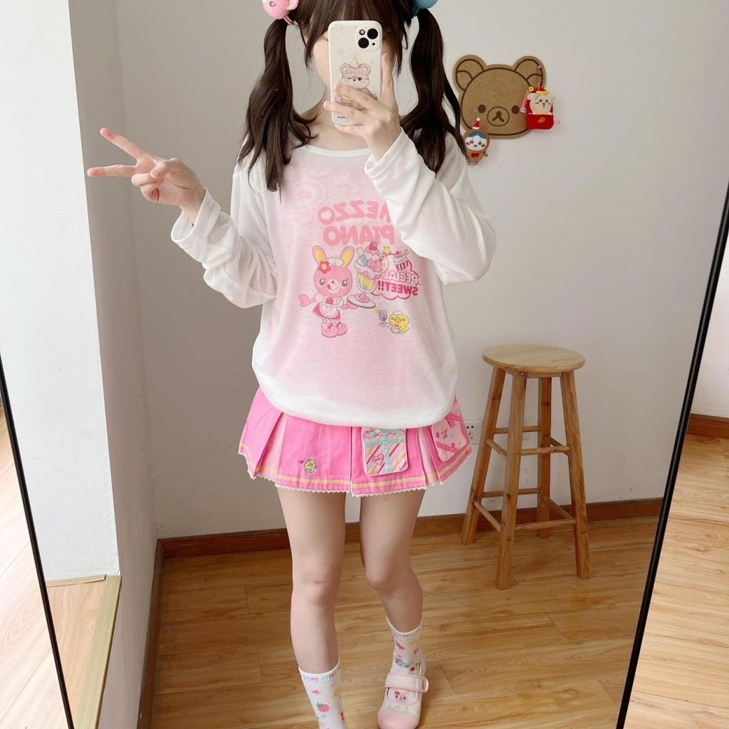TrendHub Süßes Japanisches Stil Lockeres Dünnes Transparentes Sonnenschutz Überwurf Strandurlaub Langarm T-Shirt