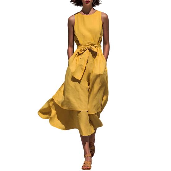 Women s Summer Sleeveless Beach Sundress, Crew Neck Casual Flowy A-line Long Dress, Tie Waist Loose Tank Dress M