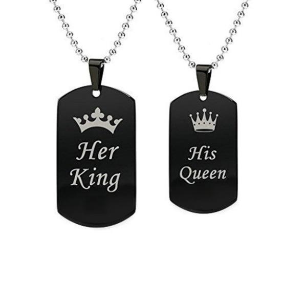 

King Queen Couple Jewelry Crown Dog Tag Pendant Necklace Valentine Lover Gift