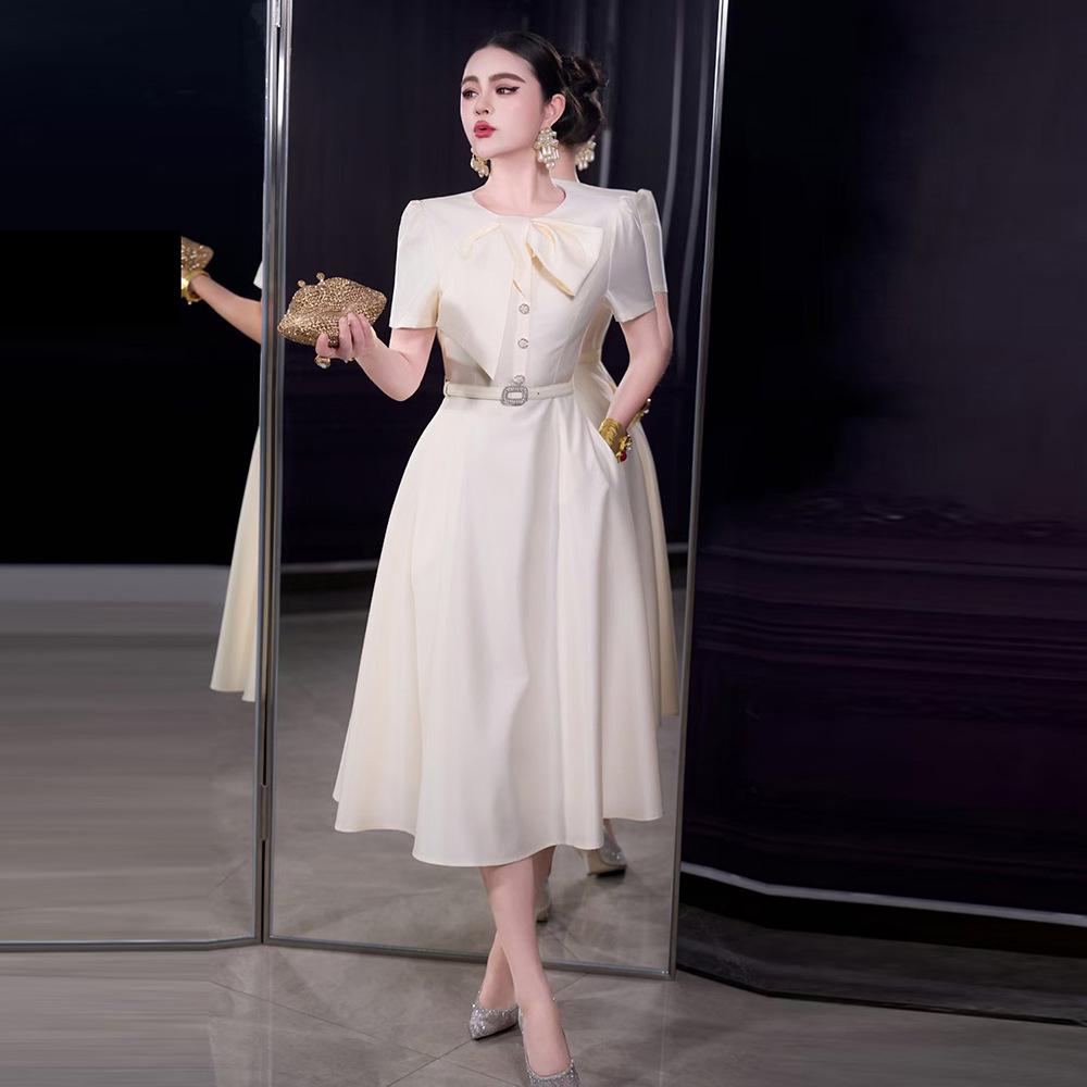 2026 French Spring/Summer Women s Retro Romantic Bowknot Short Sleeve Dress S абрикосовый