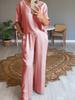 Women's Blue Satin V-Neck Blouse with Wide Leg Pants Set, Casual Elegant Outfit