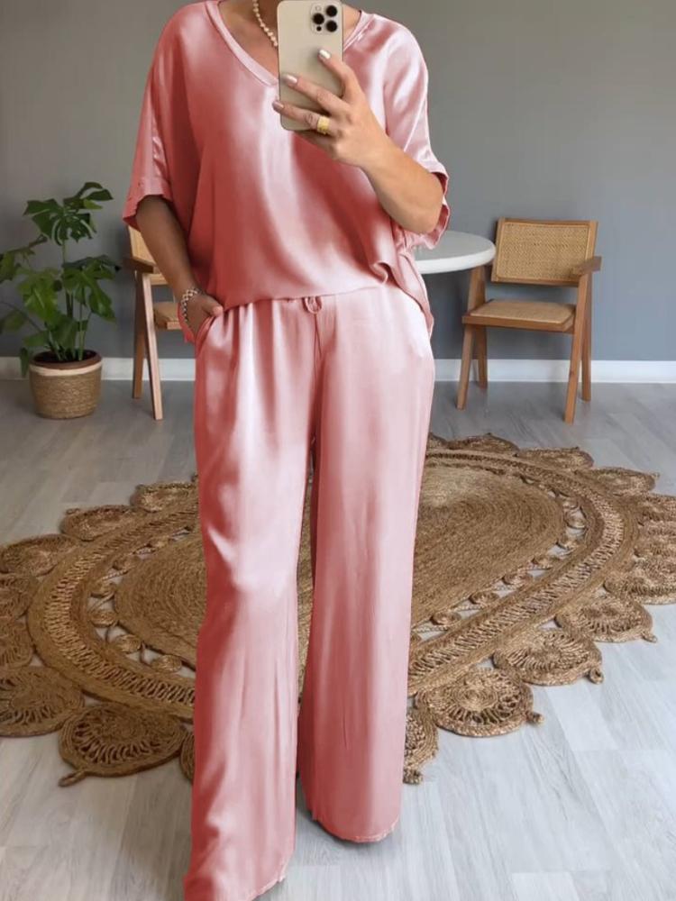 Women's Blue Satin V-Neck Blouse with Wide Leg Pants Set, Casual Elegant Outfit