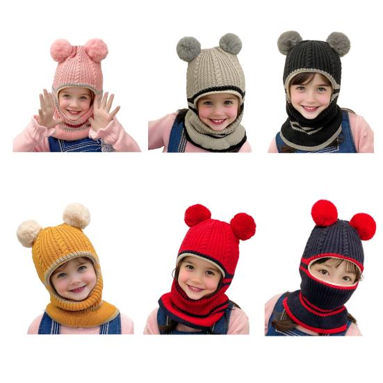 Children Hat Plush Balls Decor Thickened Knitting Hat 3-in-1 Design Hat Scarf Face Guard Headgear Elastic Fit Windproof Hat