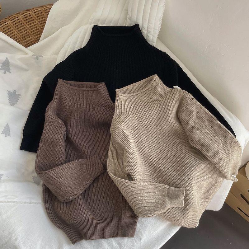 Ready Stock: Korean Kids' Half-High Collar Solid Color Knitted Pullover for Boys & Girls - Spring/Autumn