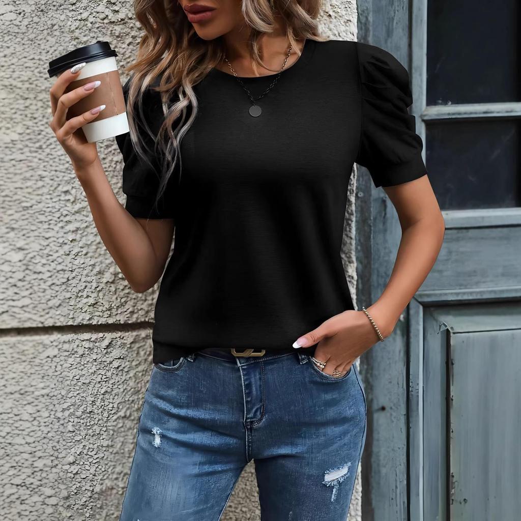 2026 Summer Women's European and American Versatile Puff Sleeve Casual T-shirt
