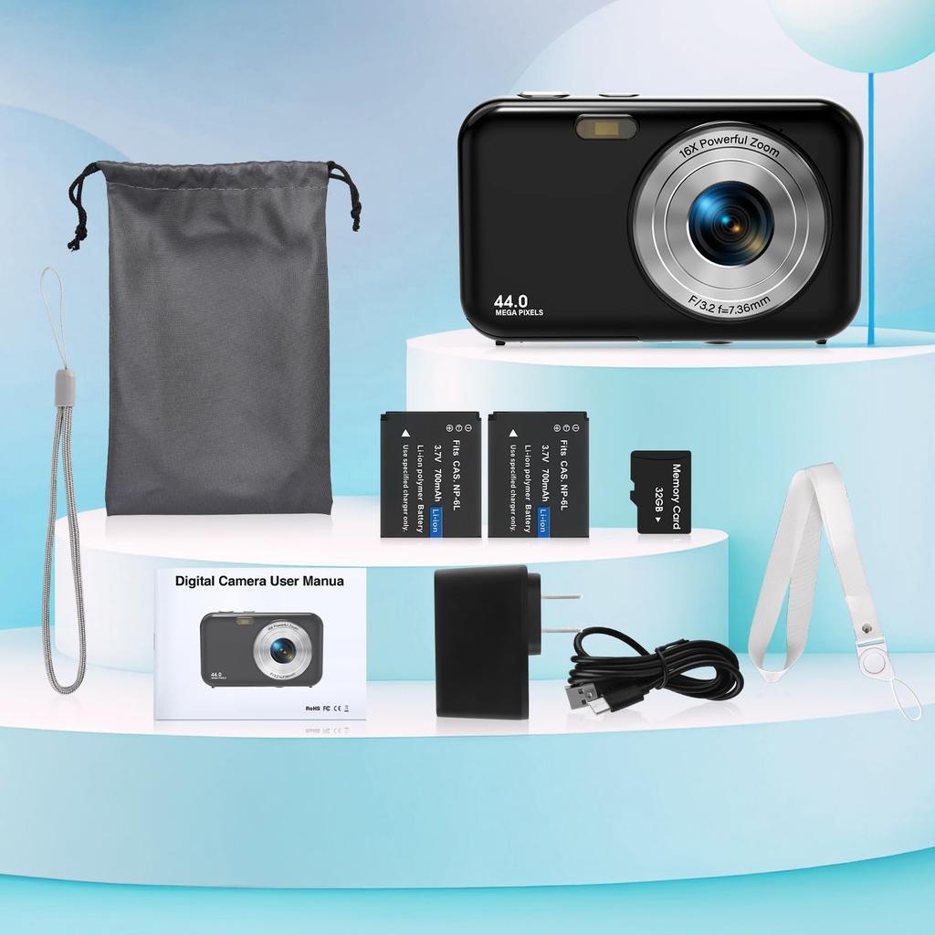 Bofypoo Digital Camera with Micro SD Long 44MP HD 1080P 16x IPS Video Easy To Compact Card, Strap, Recording, Zoom, 2.4-inch Screen, Recording,