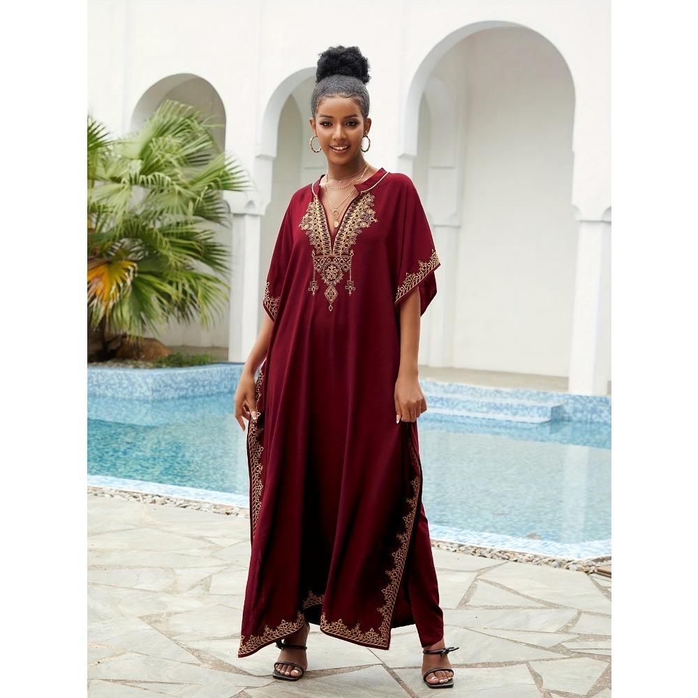 

Рамадан Платье-кафтан в стиле бохо больших размеров, женское платье макси с золотой вышивкой и рукавами «летучая мышь» с вырезом на шее One-size бордовый