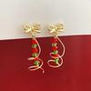 Gold Plated Christmas Tree Beaded Ear Clips - Handmade Bow Design for Non-Pierced Ears