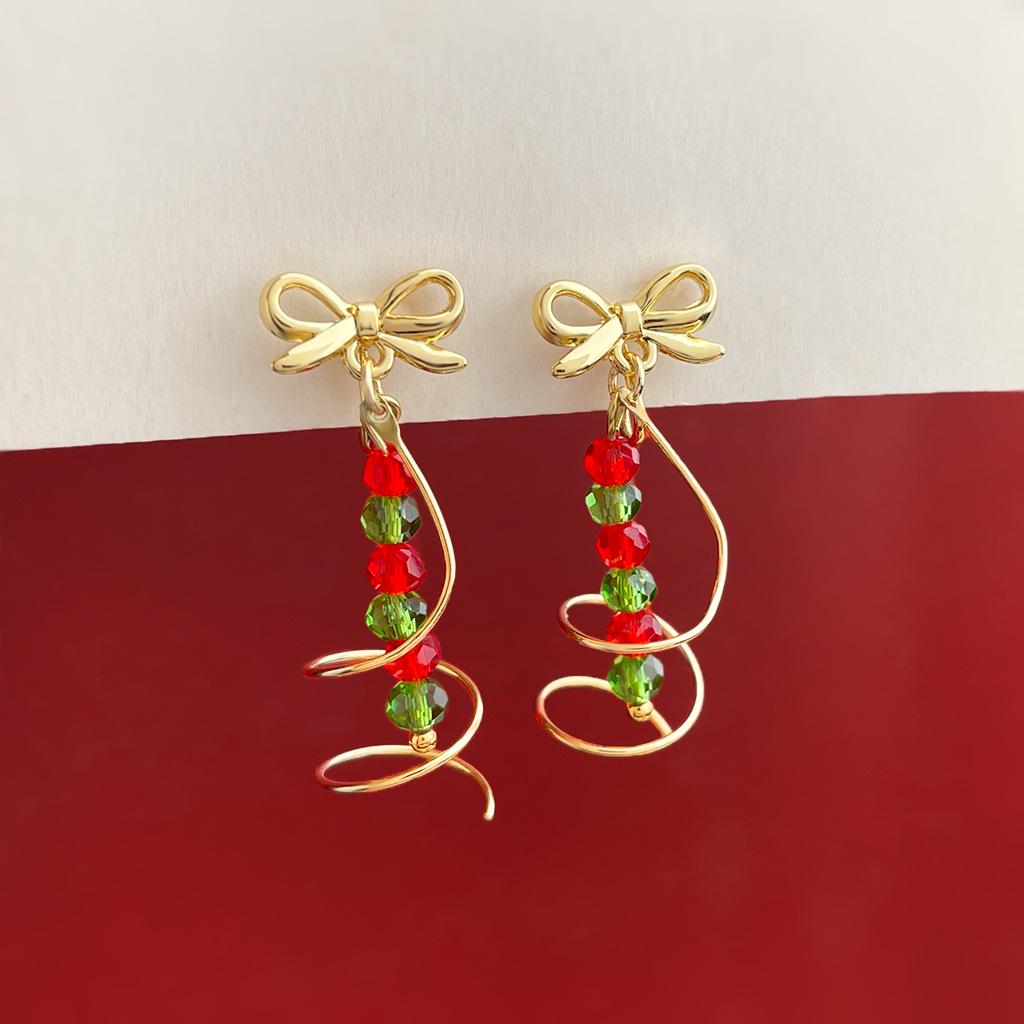 Gold Plated Christmas Tree Beaded Ear Clips - Handmade Bow Design for Non-Pierced Ears
