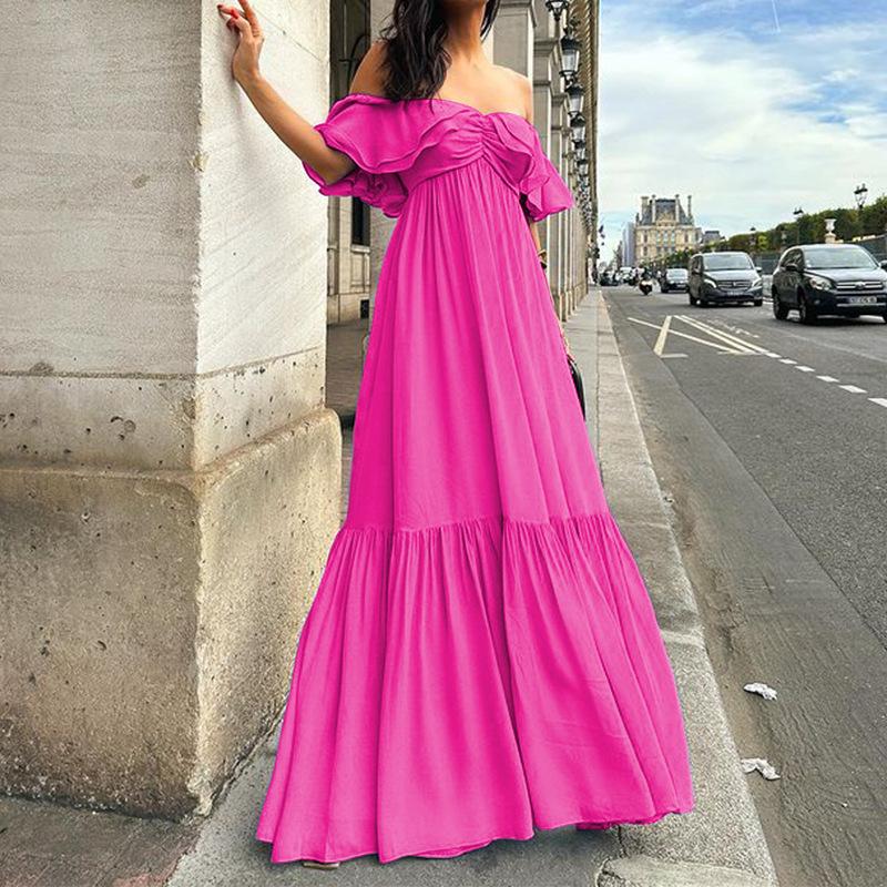 Summer new women's elegant solid color off-shoulder strapless midi dress