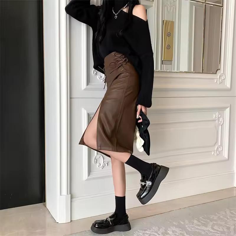 Women's Summer Draw Pleat Tie High Waist A-Line Split Hip Skirt