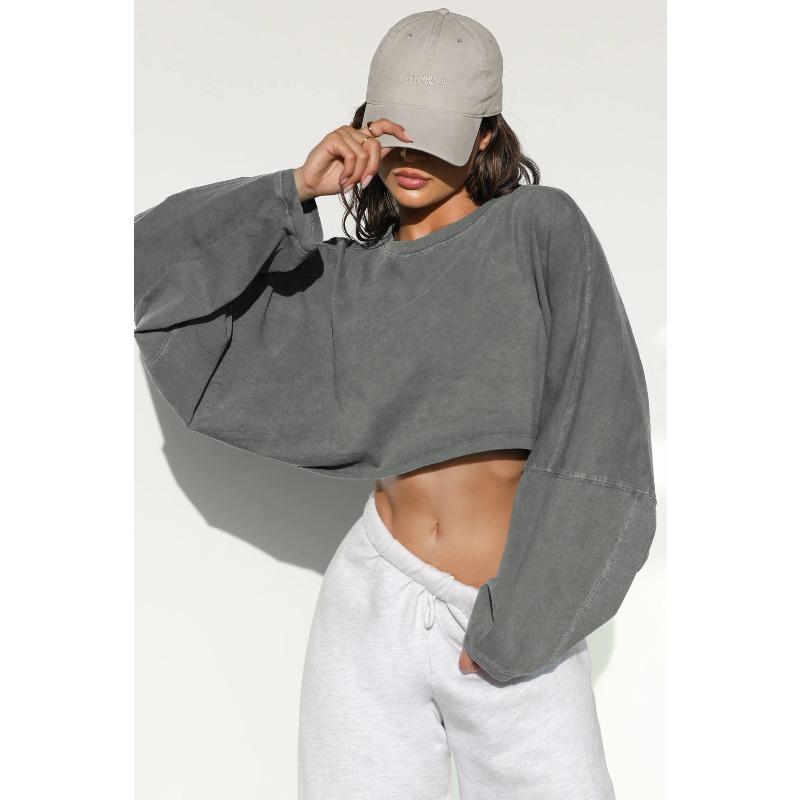 Women's Loose Cropped Solid Color Sweatshirt Casual Long Sleeve Pullover Top Streetwear Blouse