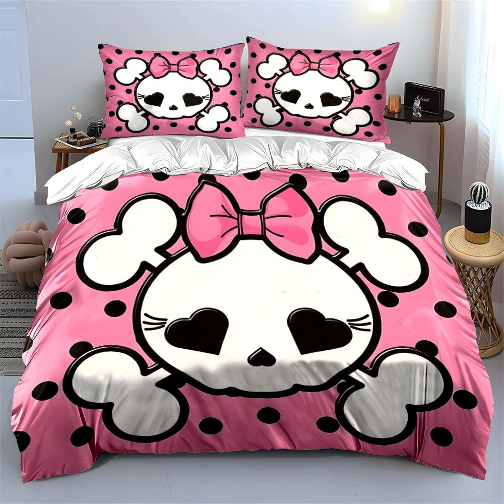 "Pink Skull Pattern Decoration Set" Soft Skin-Friendly Bedding Set Includes 1 Duvet Cover And 2 Pillowcase, Gift