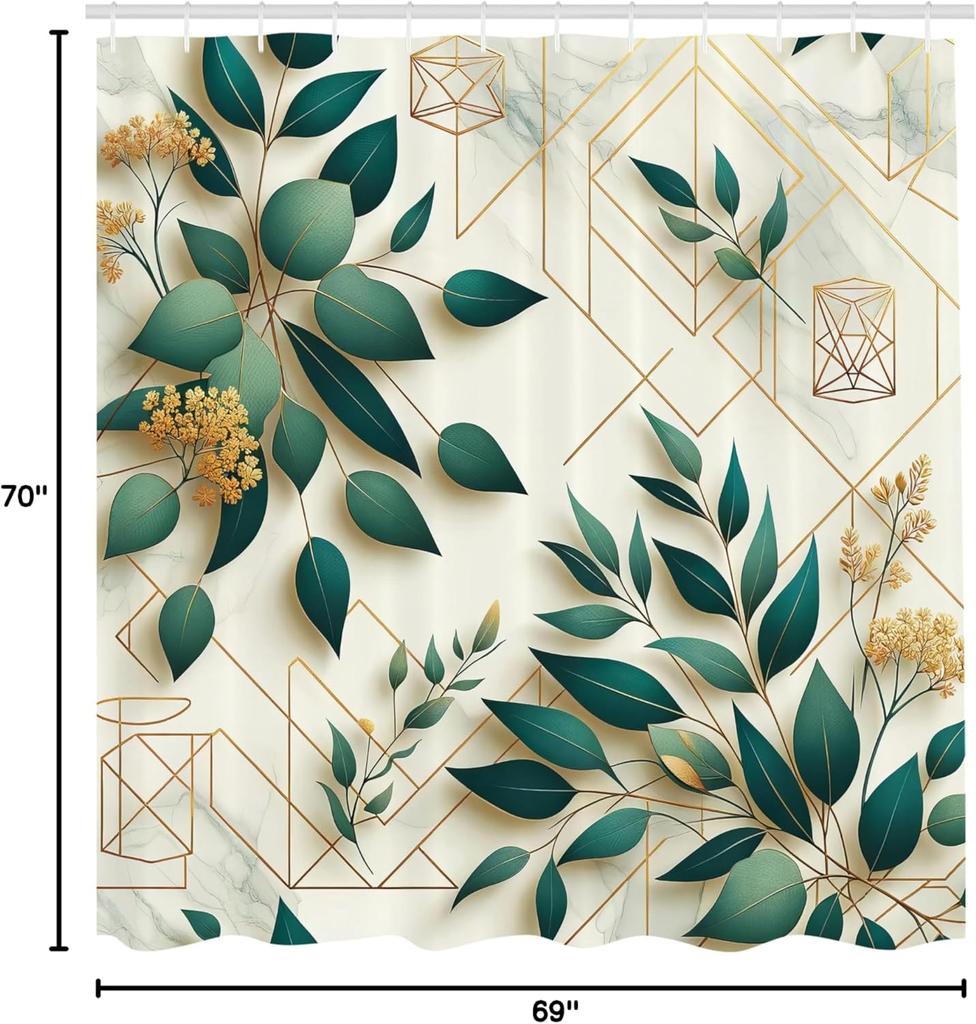 Eucalyptus Leaves Shower Curtain, Modern Minimal Polygonal Shapes Autumn Blooms With Leaf Art, Cloth Fabric Bathroom D