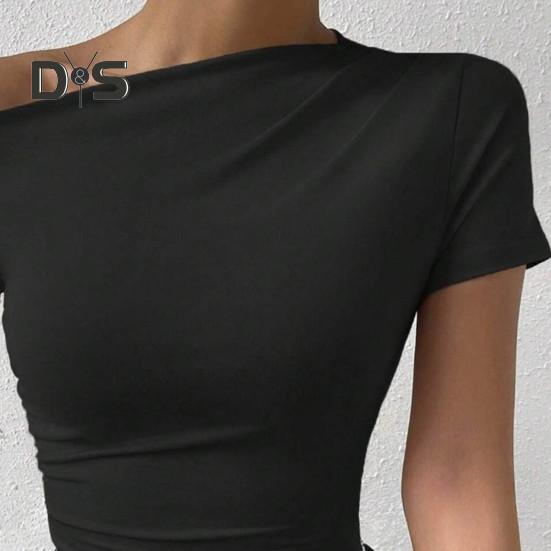 Damen Sommer T-Shirt Schrägkragen Kurzarm Slim Fit T-Shirt Einfarbig Seitlich Raffen Pullover Tops