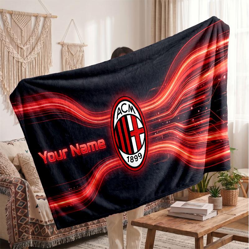 Coperta in Pile Personalizzata AC Milan con Logo Calcio, Testo Nome Personalizzato Morbida Calda Coperta da Divano per la Casa