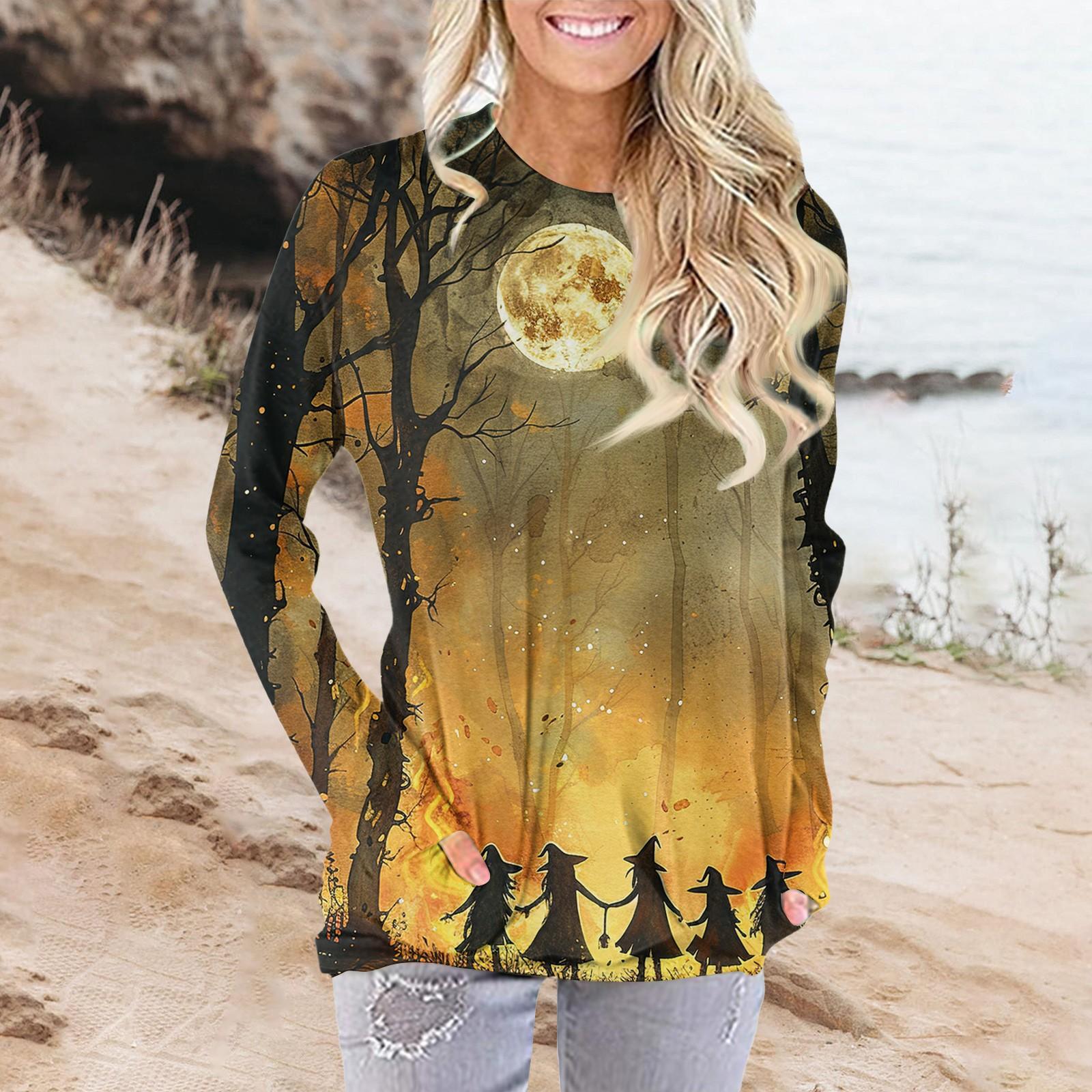 

Женская модная повседневная футболка с круглым вырезом и принтом, длинными рукавами и карманами XXXL