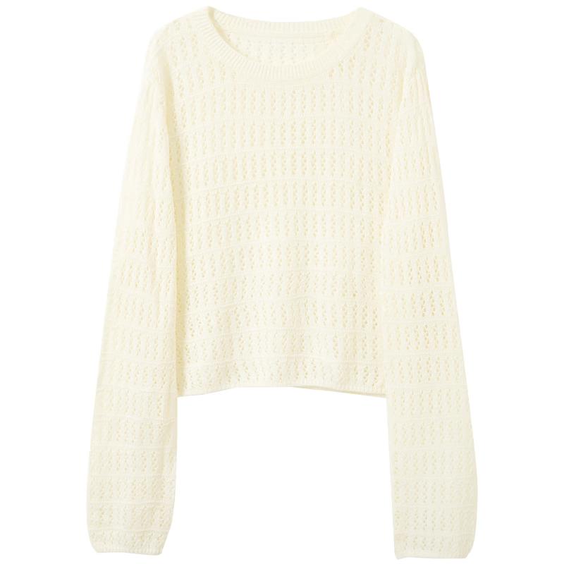 Openwork Knit Round Neck Long Sleeve Loose Short Blouse