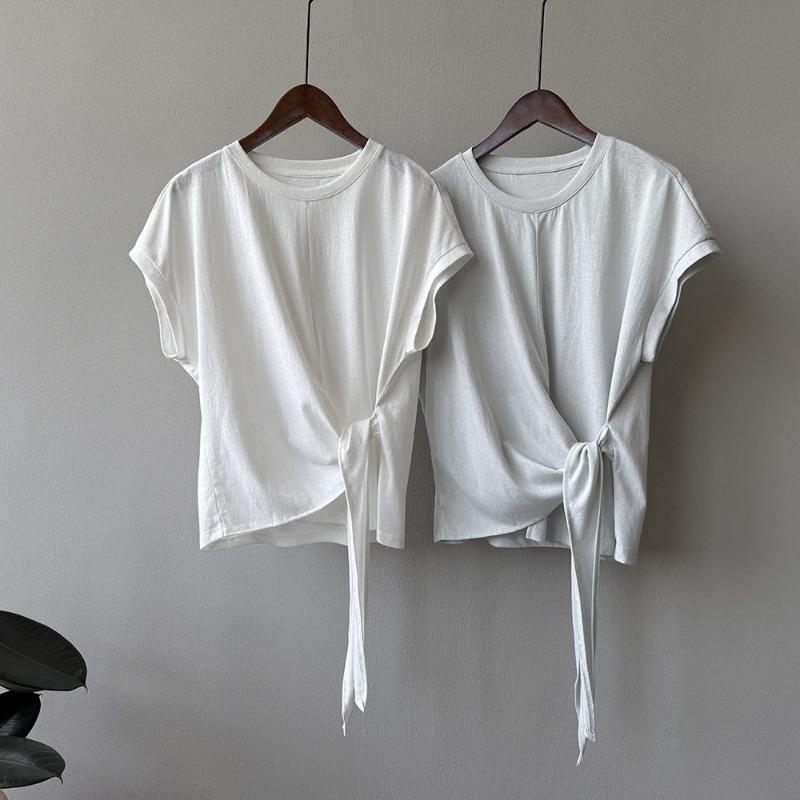 Women French Style Loose Lace Up Short Sleeve Solid Summer T Shirt