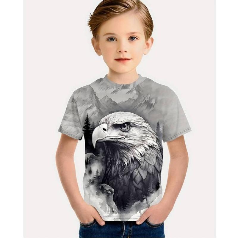 Summer Round Neck 3D Eagle Pattern Printed Top Fashionable Casual Short Sleeved Children's Boy T-shirts